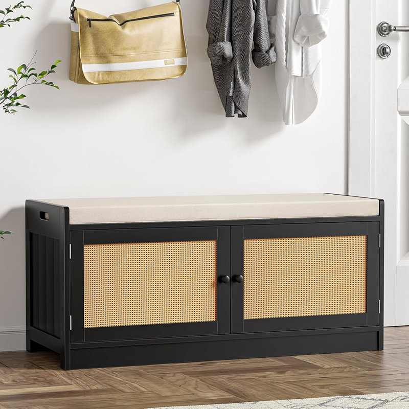 Banc d'entrée pour chaussures avec rangement - Armoire en rotin à 2 portes et 2 niveaux avec coussin rembourré et tablettes réglables