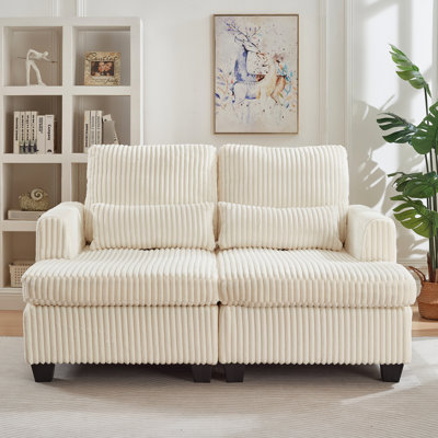 Fauteuil inclinable en velours côtelé doux avec accoudoirs carrés, dossier réglable, idéal pour les petites chambres. Blanc, mousse et ressorts. Largeur : 123 cm, profondeur : 155 cm, hauteur : 94 cm, poids : 63 kg. Options d'assise modulaires : confort optimal, soutien lombaire, assise lisse.