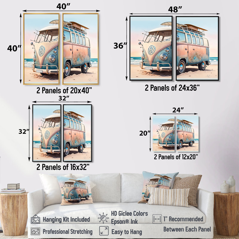 70s Surfing Van At The Beach II - Brown - décoration murale traditionnelle 2 pièces, 36" H x 48" W, Floater Framed Print