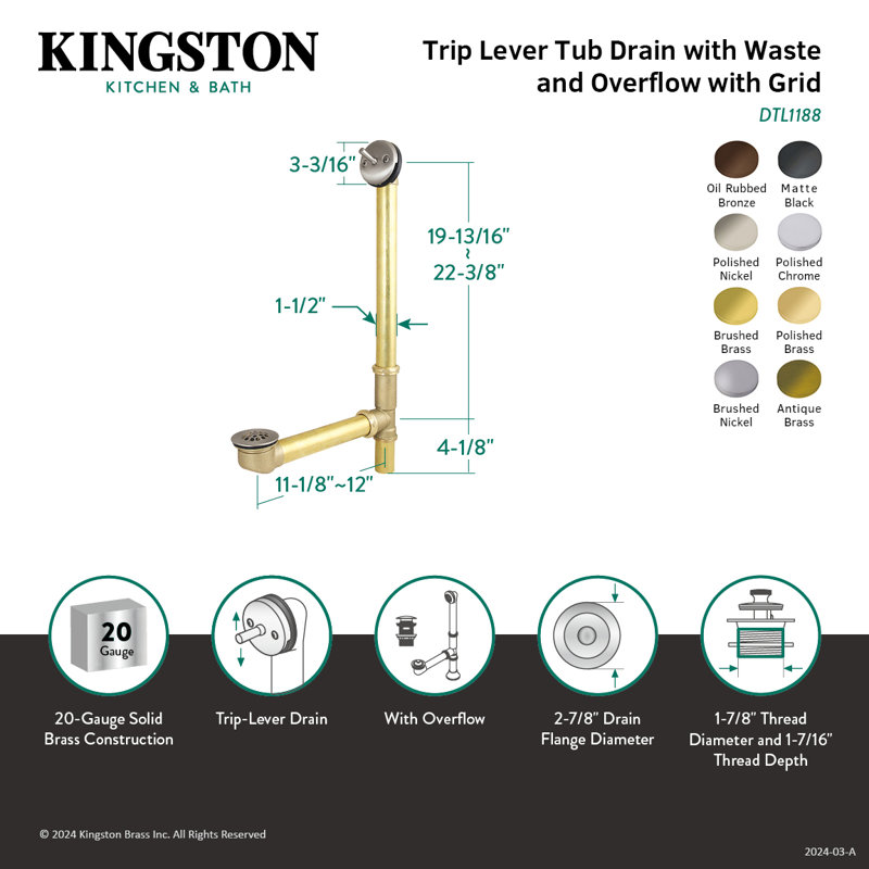 Kingston Brass Made To Match 23-Inch Brass Trip Lever Tub Waste and Overflow with Grid Strainer, Brushed Brass