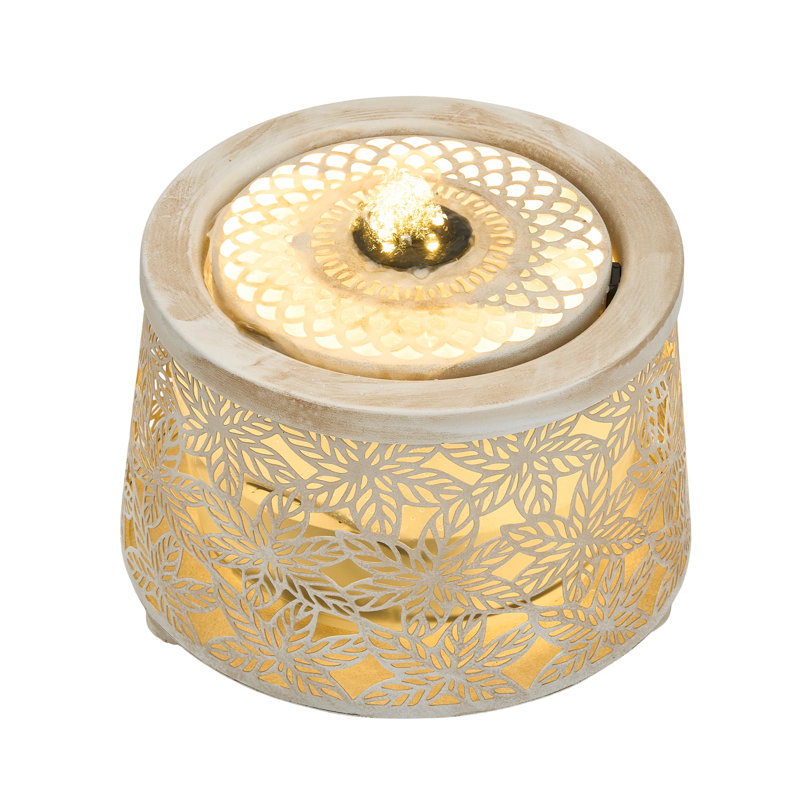 Creative Metal Tabletop Fountain with Warm Light & Leaf Design