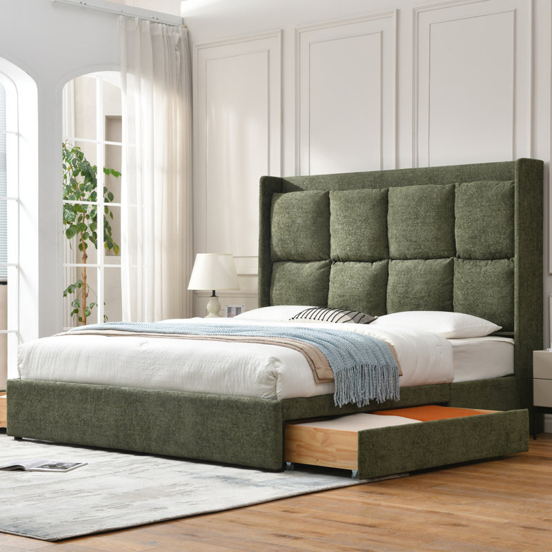 Upholstered Wingback Bed with 2 Large Under-Bed Drawers, King, Green