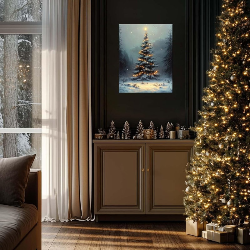 Thème de sapin de Noël illuminé d'hiver, art mural sans cadre, 16 x 20