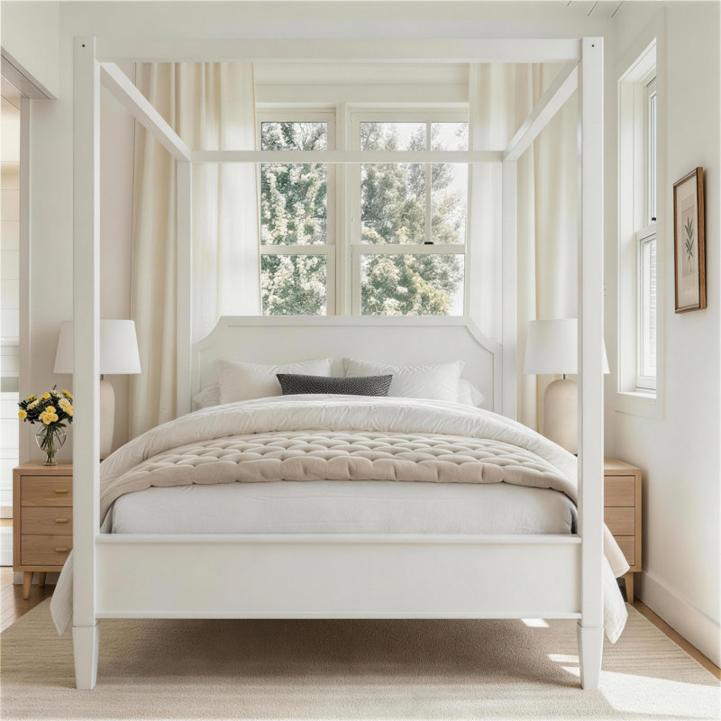 Grand lit plateforme à baldaquin en bois avec tête de lit et pieds de support, blanc crème, Blanc, crème, Grand lit