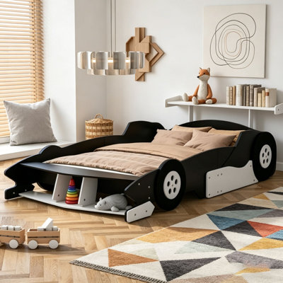 Race Car-Shaped Platform Bed with Wheels