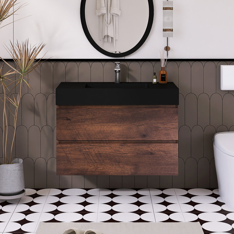 Meuble-lavabo simple 35,8 po avec surface solide Sibin, Noyer, Noir mat