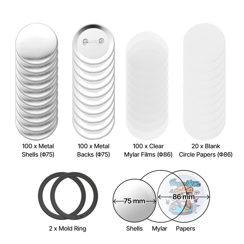 Button Maker Supplies 100 Sets 2.95 in / 75 mm Pin Back Button Parts, with Metal Backs, Metal Shells, Clear Mylar Films, and Blank Circle Papers, for Home DIY, School Events, and Custom Studio