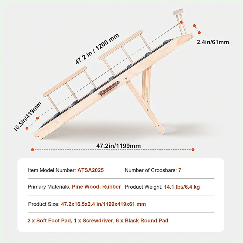 Rampe pliante en bois pour chien, 120 cm (47,2 pouces), réglable en hauteur (6 positions), pour lit, canapé et voiture, avec revêtement antidérapant en caoutchouc et capacité de charge de 113 kg (250 livres), marron