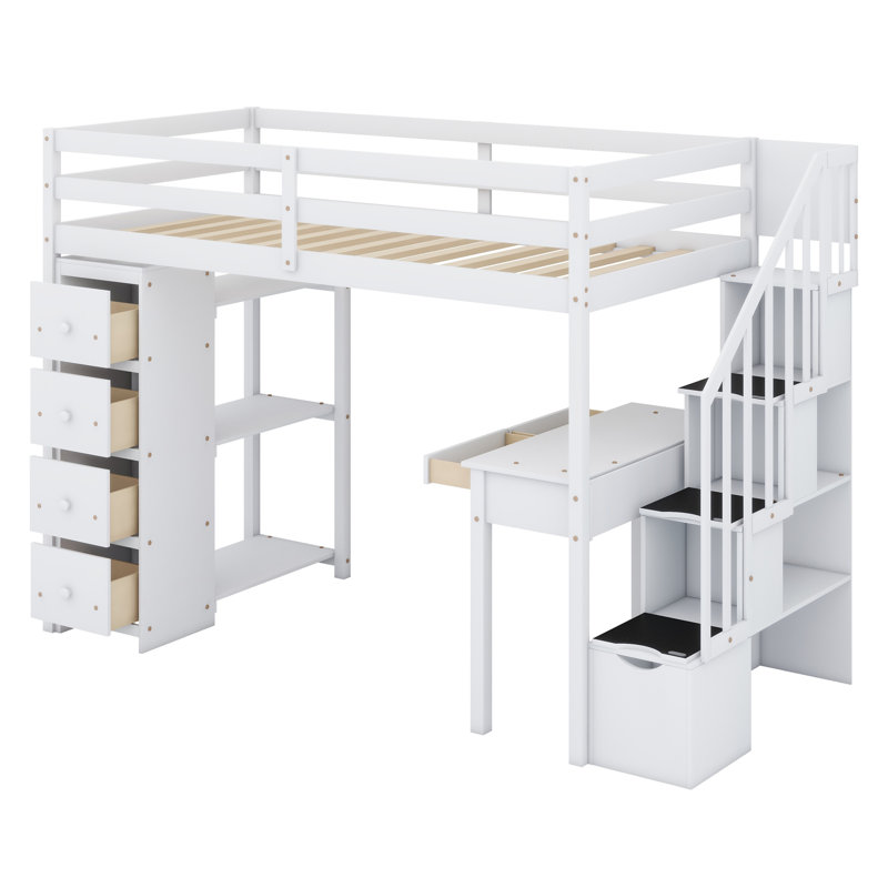 Lit mezzanine avec tiroirs de rangement, bureau et escalier, tablettes, Blanc