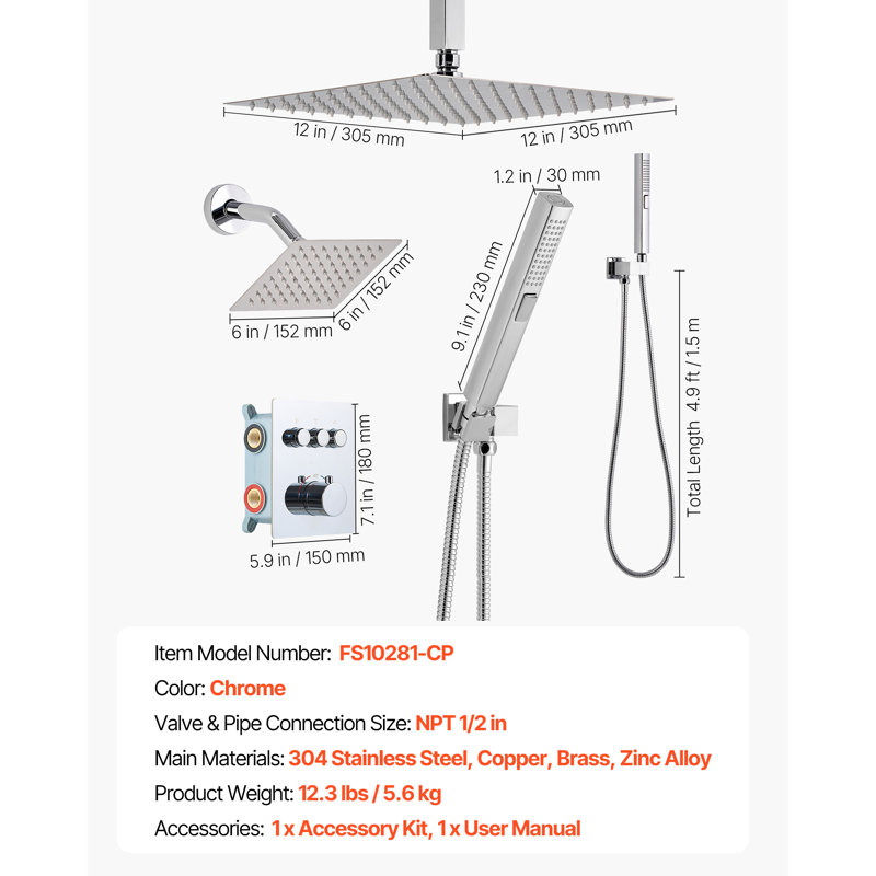 Ensemble de robinet de douche, système de douche de pluie thermostatique de plafond de 12 pouces avec tête de fixation murale de 6 pouces et douchette portative 2 en 1, ensemble de garniture de valve à double tête de pluie en laiton à 3 fonctions, or brossé
