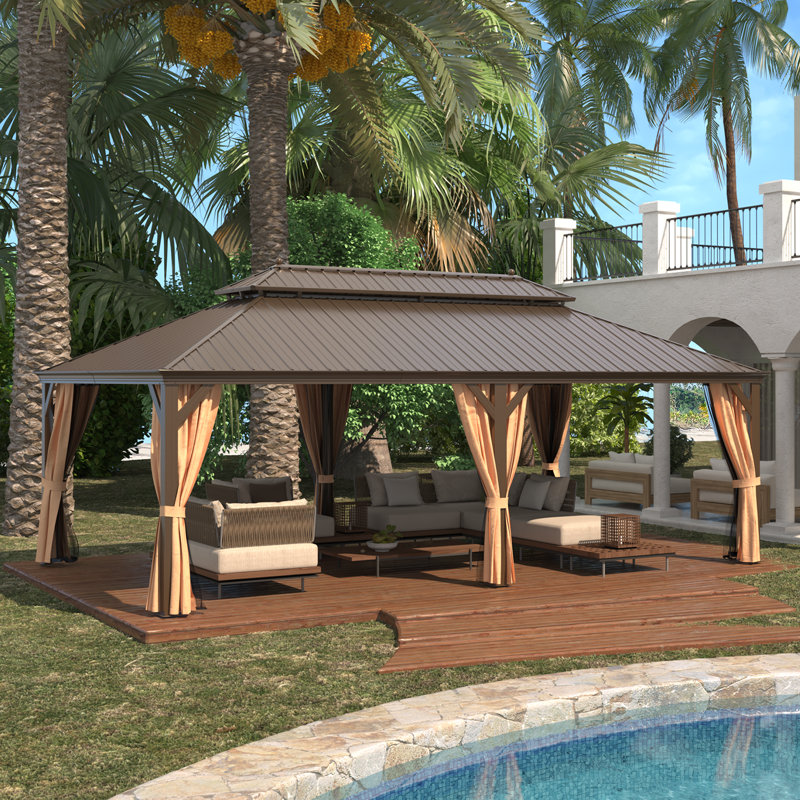 Pavillon de jardin à toit rigide 14 pi x 24 pi avec structure en aluminium à grain de bois et toit en acier galvanisé, comprend des rideaux et un filet pour la terrasse, la terrasse et la cour