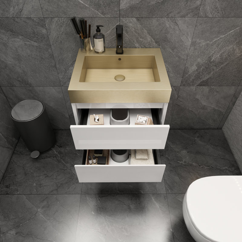 Meuble-lavabo mural blanc brillant 24 po avec lavabo en acier doré Lux