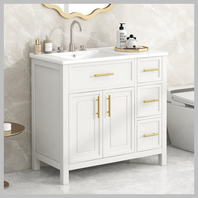 Meuble-lavabo 36 po avec comptoir, meuble-lavabo avec deux portes et trois tiroirs, bois massif, panneaux de fibres à densité moyenne, un paquet, blanc