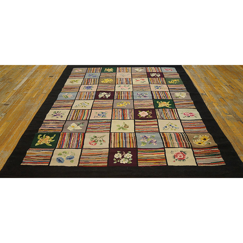 Antique Grid Pattern Colorful American Hooked Area Rug