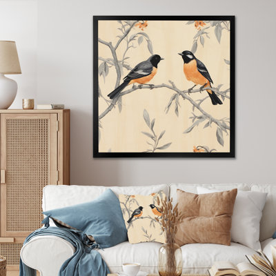 «Orange Black Birds On Trees II», reproduction sur toile encadrée