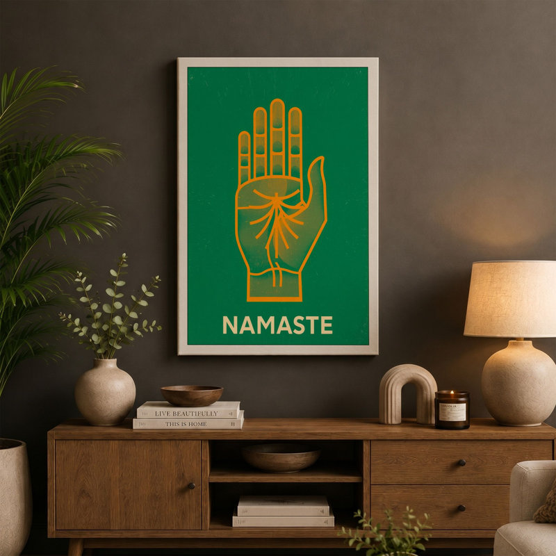 Golden Namaste Hand Minimalist - Wrapped Canvas, 18x12 - 45.7 x 30.5 cm, Teal Border
