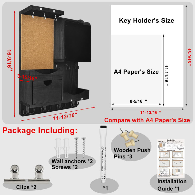 Black Pine Wood Wall Mounted Key and Mail Organizer with Chalkboard and Corkboard
