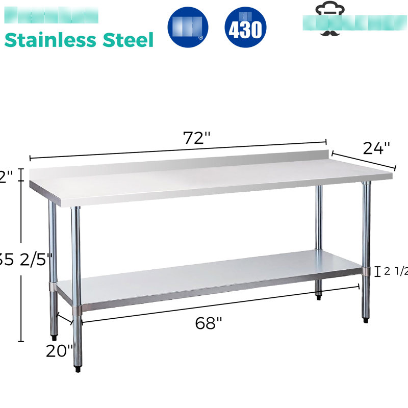 72" X 24" Stainless Steel Commercial Work Table With 4" Backsplash And Undershelf, For Food , Rust - 18 Gauge Great Restaurant Handling Processes, Easy Assembly Steps