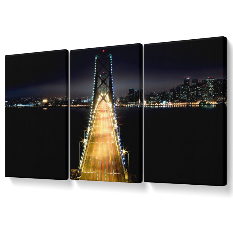 Lights On Bay Bridge - 3 Piece Wrapped Canvas Print, 81.3cm H x 163cm W x 10cm D