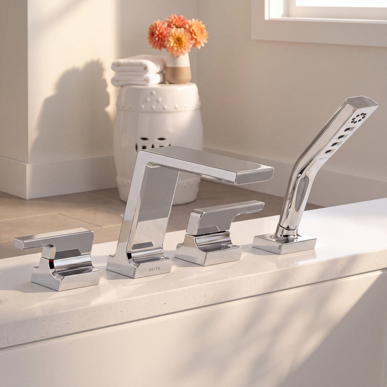 Pivotal® Deck-Mounted Tub Filler with Handshower, With Handheld Shower, Chrome