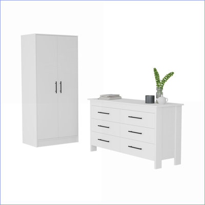Ensemble de chambre à coucher, armoire 2 pièces + commode, blanc neige élégant | Blanc | Bois d'ingénierie