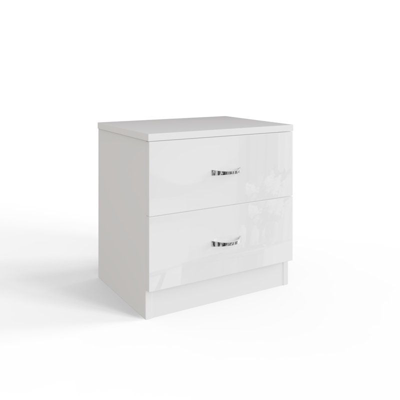 Brendle 2 Drawer Bedside Table Nightstand. High Gloss Front with Chrome Handles, Scratch Resistant., White