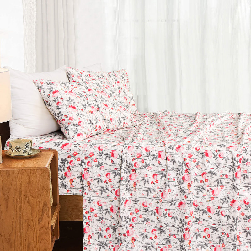 100% Cotton Queen Size Bed Sheets Set with Deep Pockets, Cozy Percale sheets with Elastic Fitted Sheet 4 Piece Bedding and Pillowcase set, Blush Floral