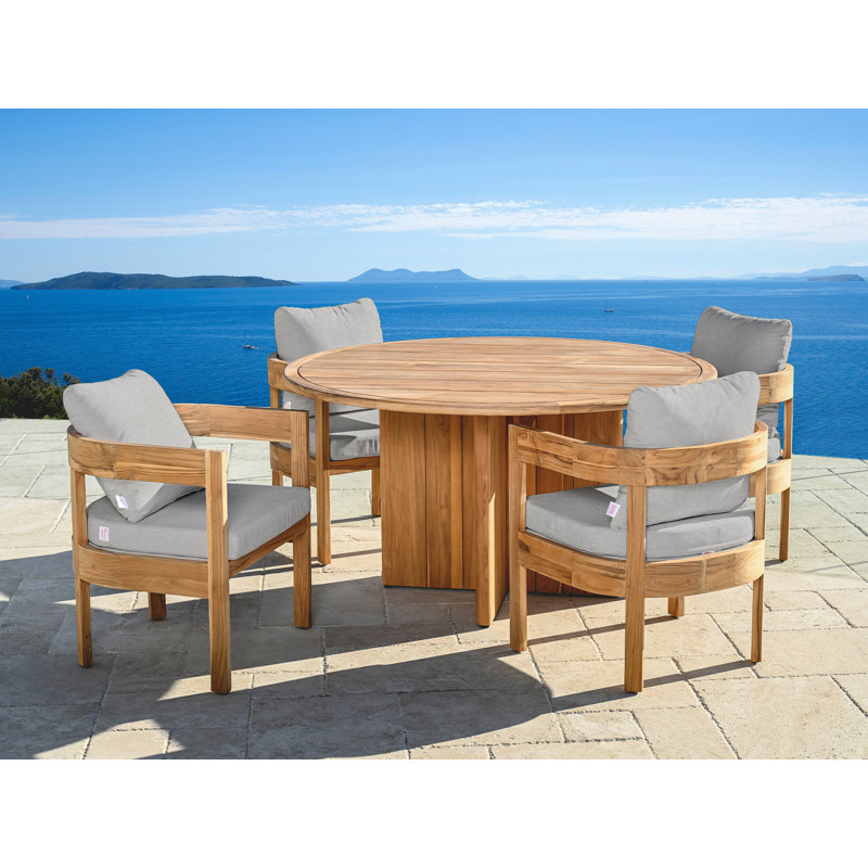Ensemble repas d'extérieur rond 5 pièces - Tissu gris avec structure en teck, Gris