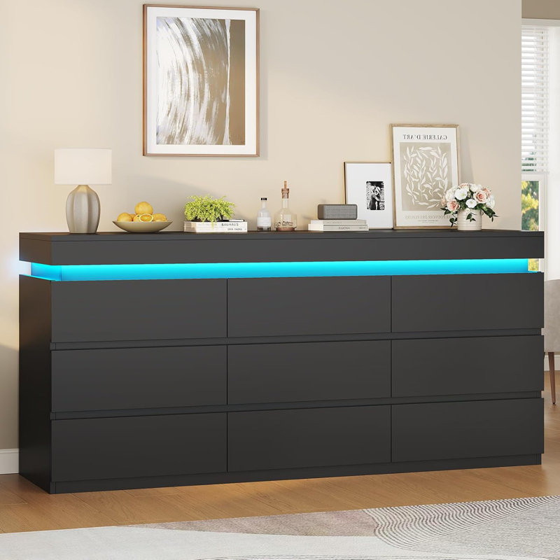 9 Drawer Dresser With Led Light,  Modern Chest Of Drawers For Bedroom,long Dresser With Drawers For Living Room, Entryway, Hallway