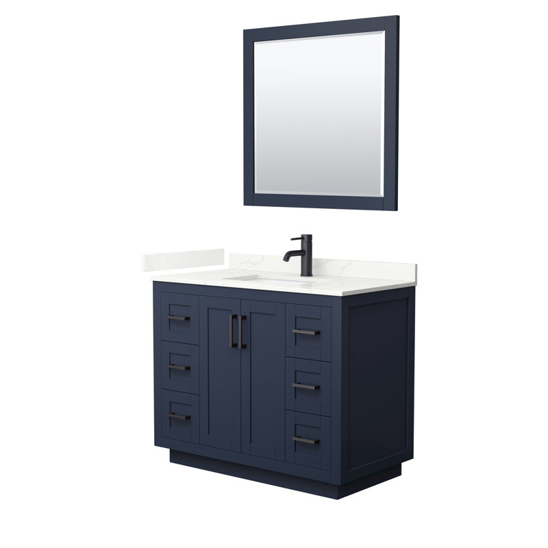 Miranda 42" Freestanding Single Bathroom Vanity with Quartz Top with 34" Mirror, Dark Blue, Giotto Quartz, Matte Black