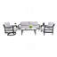 Ensemble de conversation pour l'extérieur 6 pièces avec fauteuils club modernes entièrement soudés, canapé luxueux avec banc, table basse et table d'appoint en pierre frittée d'inspiration marbre, structure en aluminium antirouille et coussins Sunbrella