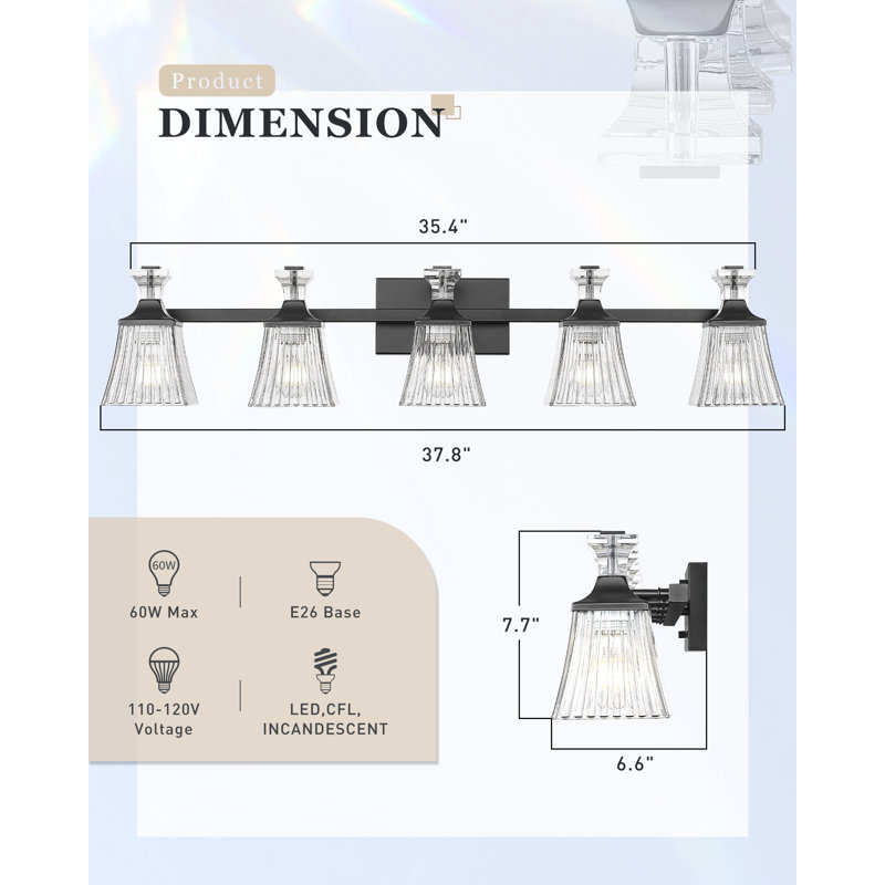 Abat-jour en verre nervuré rétro à 5 lumières à intensité variable de 38 po avec finition noir mat