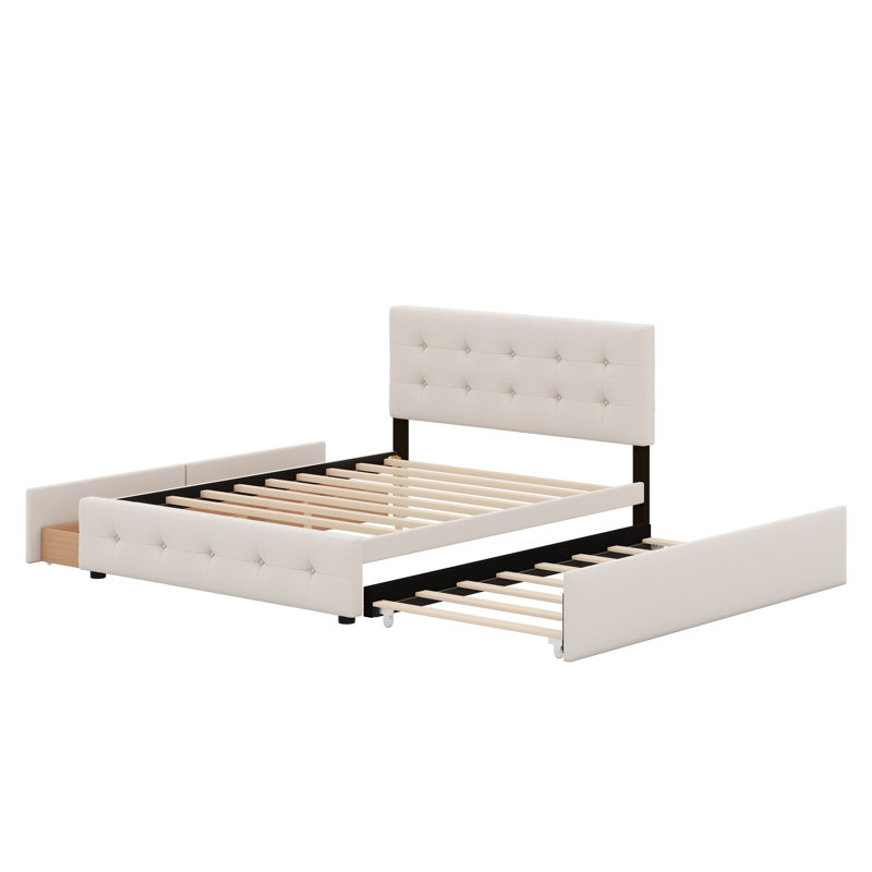 Lit plateforme tapissier avec 2 tiroirs et lit gigogne, Beige foncé