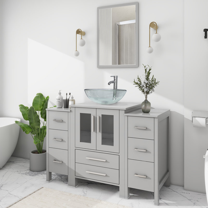 Ensemble de meuble-lavabo 48 po avec lavabo en verre, comptoir en bois, 2 armoires latérales, robinet, gris