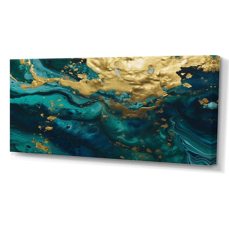 Sarcelle et or liquide Magic I - reproduction sur toile abstraite, Toile tendue, H 28 po x l 60 po x P 1,5 po