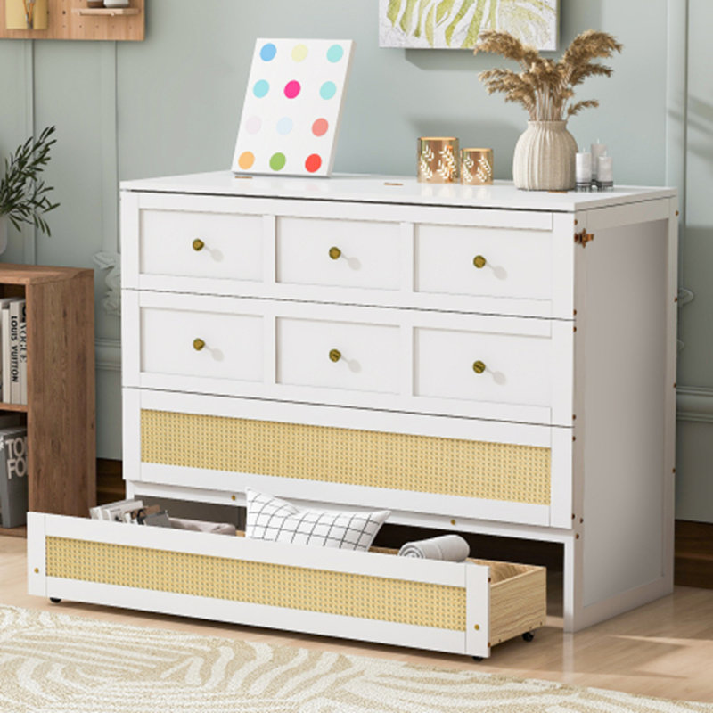 Full Murphy Bed Cabinet With Drawers And Rattan Decor, White, Full / Double