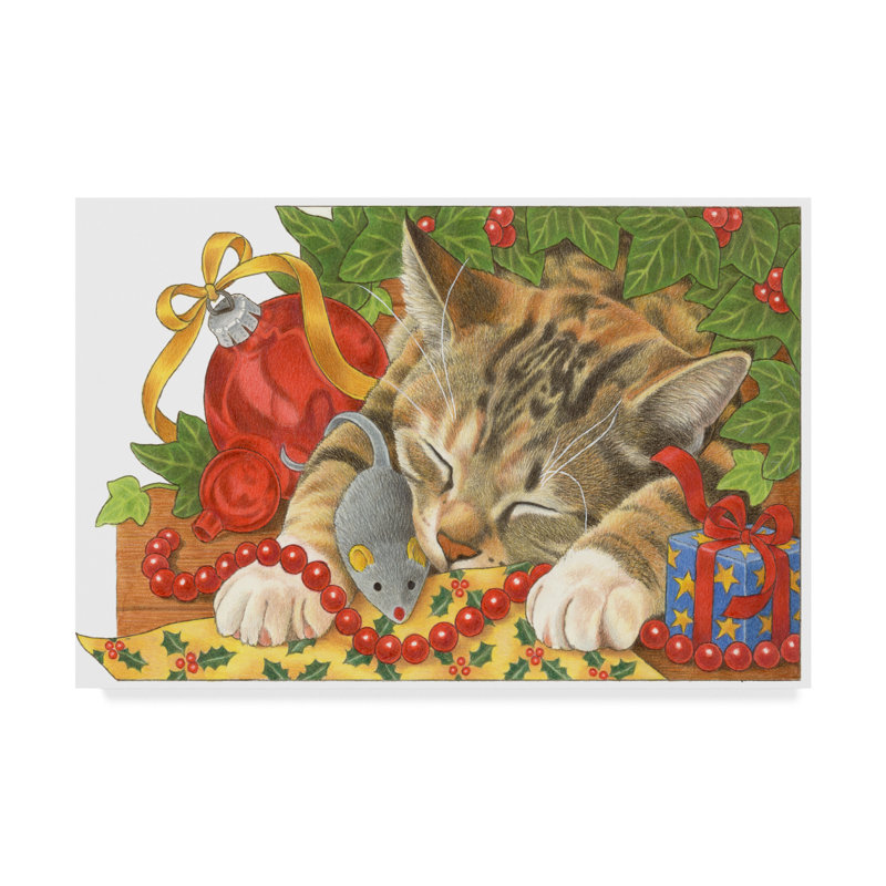 Christmas Cat Sleeping Under Tree Canvas Art, 19"x12"