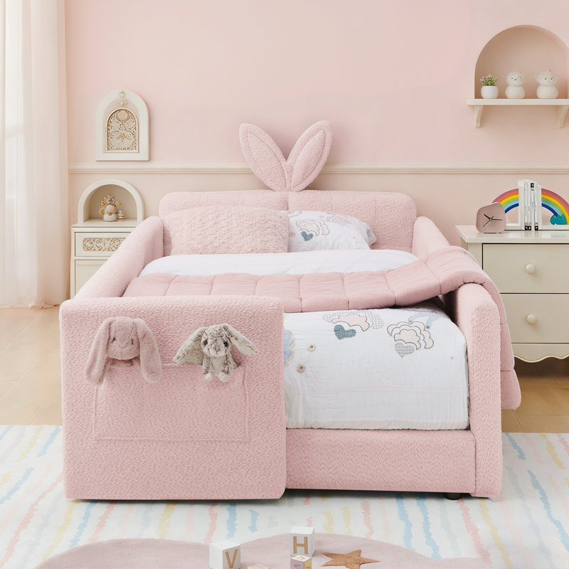Cadre de lit rembourré pour enfants avec rails de sécurité et rangement, lit plateforme Boucle avec tête de lit et garde-corps, rose, simple
