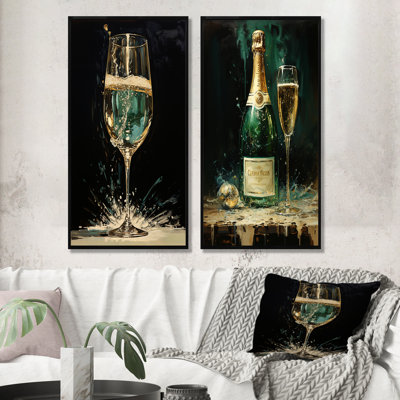 Gold And Emerald Champagne Dream - Champagne Canvas Wall Art Set Of 2