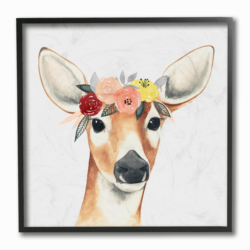 «Doe Eyed Deer in Flower Crown», art sur toile, H 12 po x l 12 po x P 0,5 po, Giclée encadrée noir minuit