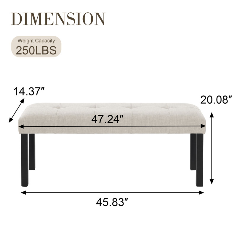 Modern Tufted Linen Dining Bench, Farmhouse Upholstered Entryway Bench With Black Rubber Wood Legs, Versatile For Kitchen, Bedroom, Hallway, Beige