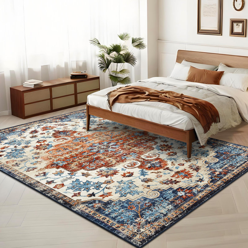 Machine Washable Rug with Rubber Backing for Living Room Vintage Non-Slip Dining Room Rug Easy-Cleaning Floor Carpet for Bedroom Playroom