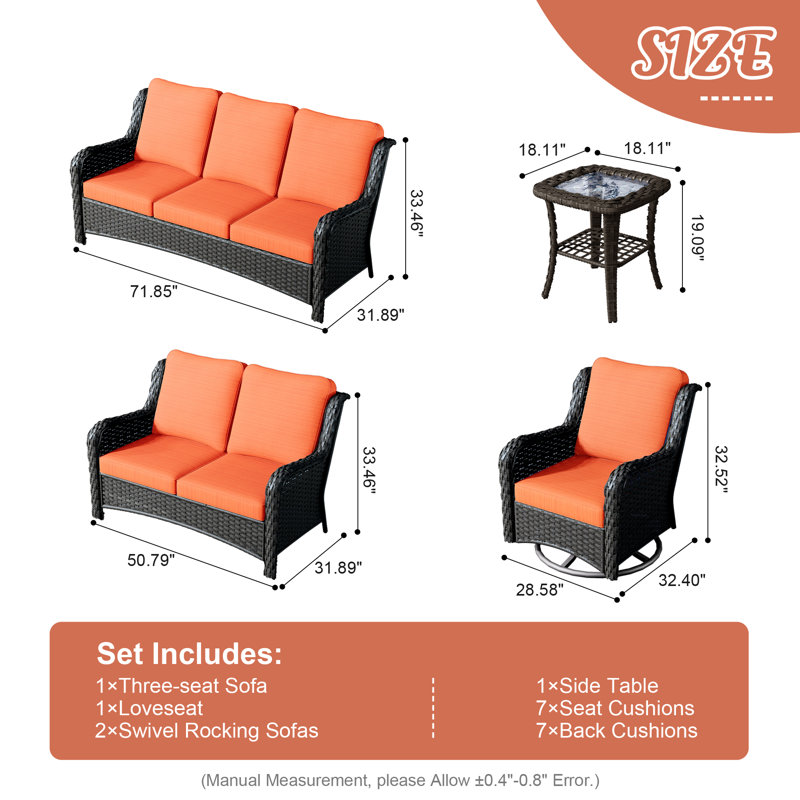 Ensemble de conversation pour 5 personnes avec coussins Karega, Orange-rouge, Brun