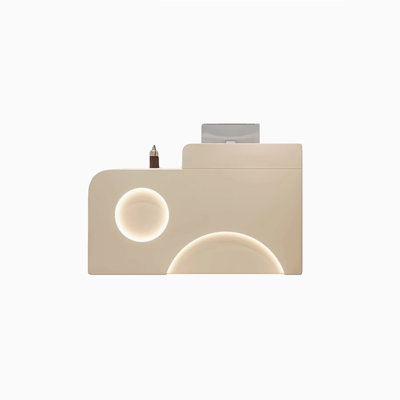 Casual and minimalist cream-coloured checkout counter with a curved design and baked paint finish