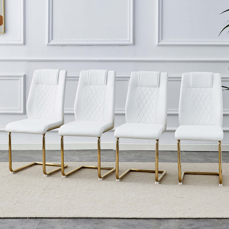 Faux Leather Dining Chairs, White, Gold, 4