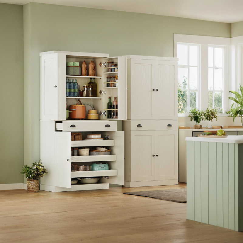 Kitchen Pantry Cabinet With Sliding Storage Rack And 6 Hanging Shelves, White