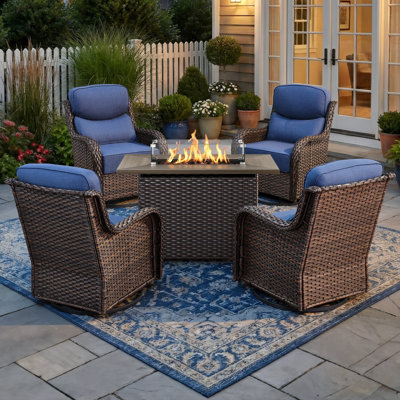 4 - Person Patio Furniture Chair Set With Fire Pit Table, 4 Swivel Glider Chairs With 6-Inch Cushions