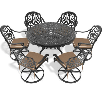 Aaryahi Cast Aluminum Patio Dining - 6 Swivel Chairs, 48.03" Round Table, Black Polished Outdoor Seats, Dipped
