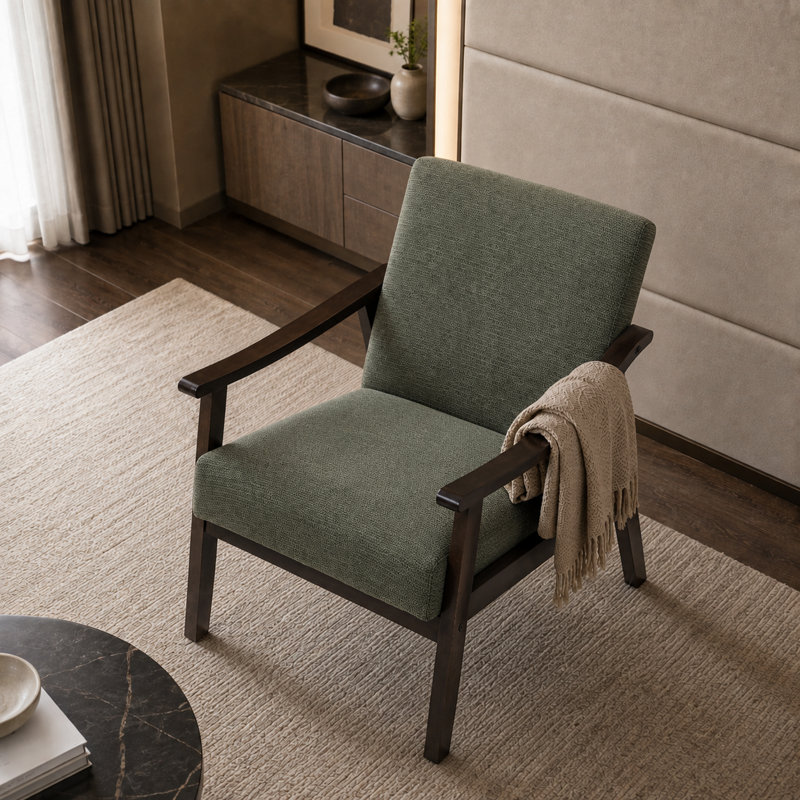 Fauteuil rembourré avec cadre en bois massif de style médiéval, Vert