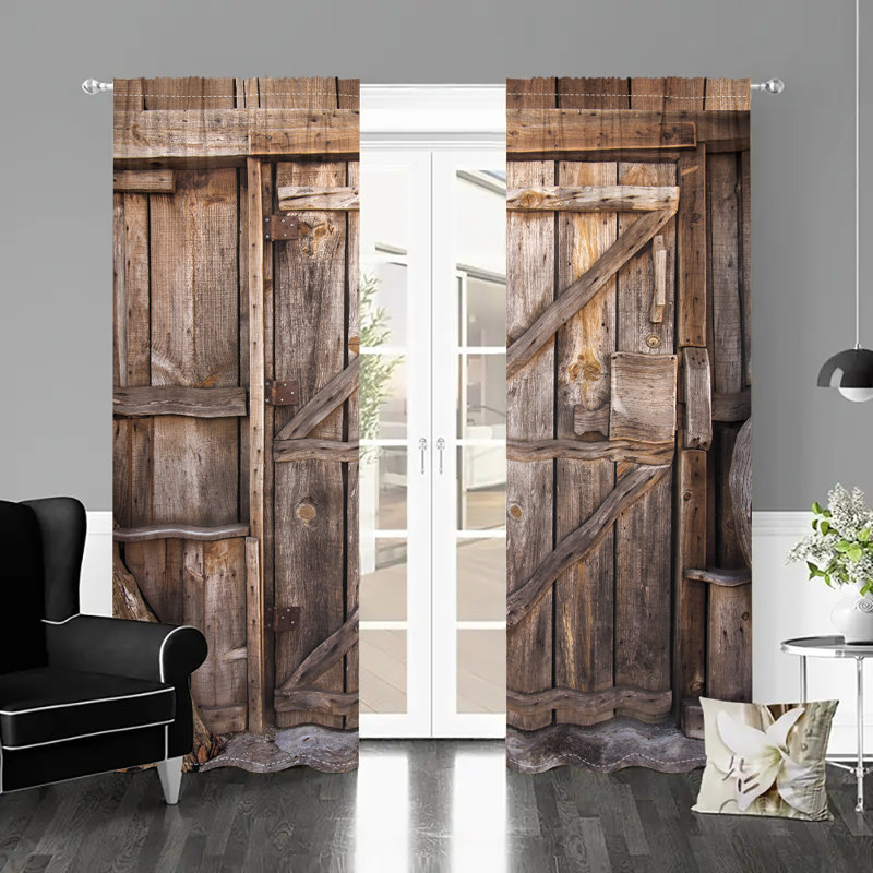 2Pcs Rustic Wooden Barn Door Print Curtains Country Farmhouse Style Window Drapes Rod Pocket Light Filtering Vintage Wood Texture Panels for Living Room Bedroom Kitchen Dining Home Decor